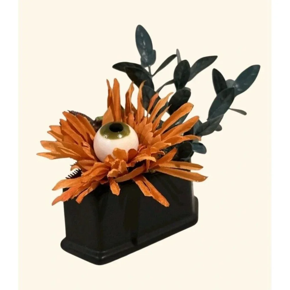 Eyeball Faux Floral Arrangement Orange Black Halloween Gothic Decor 5” NWT